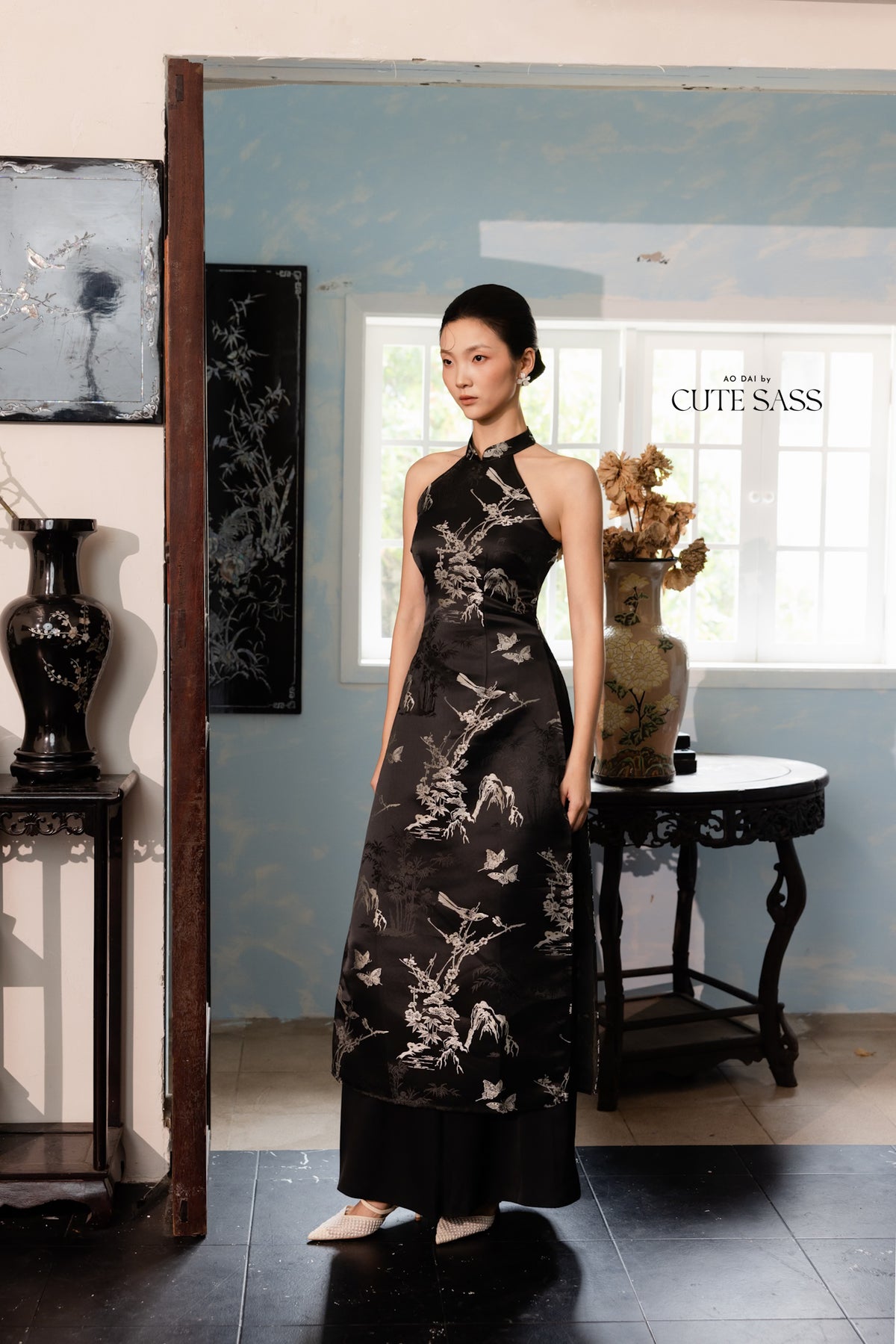 Khảm - Black Silver Yem Inspired Ao Dai Top Only, No Pants