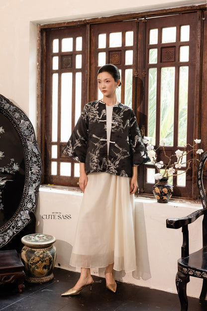Khảm - Gender Fluid Black Silver Wide Sleeve Coat Top Only, No Pants