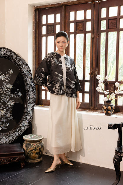 Khảm - Gender Fluid Black Silver Wide Sleeve Coat Top Only, No Pants