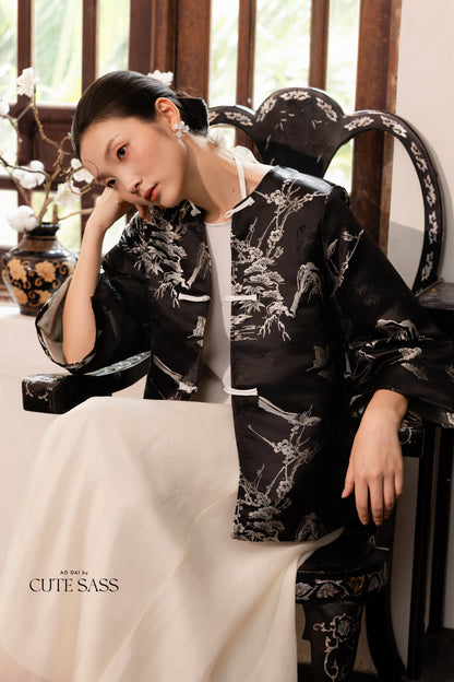 Khảm - Gender Fluid Black Silver Wide Sleeve Coat Top Only, No Pants