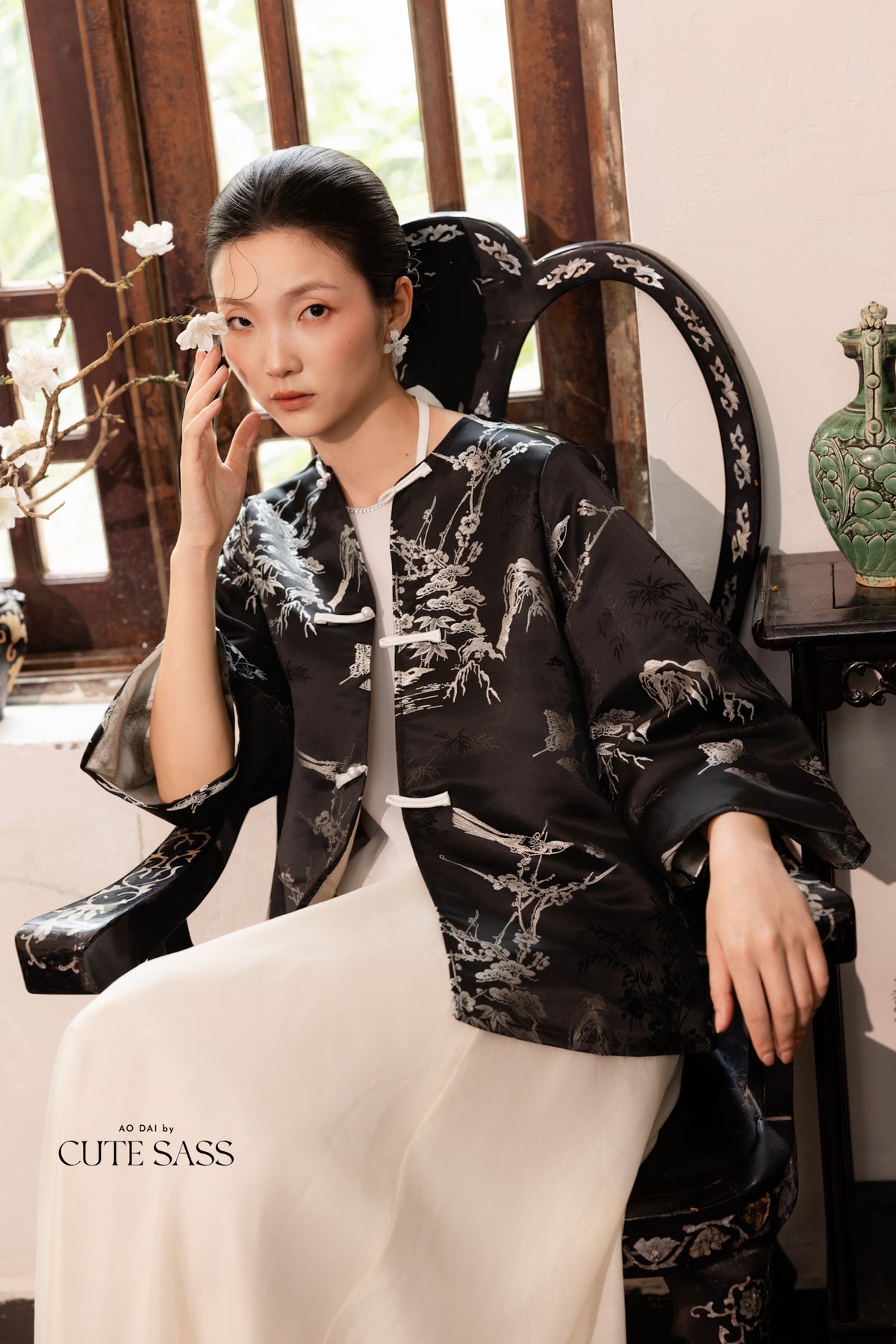 Khảm - Gender Fluid Black Silver Wide Sleeve Coat Top Only, No Pants