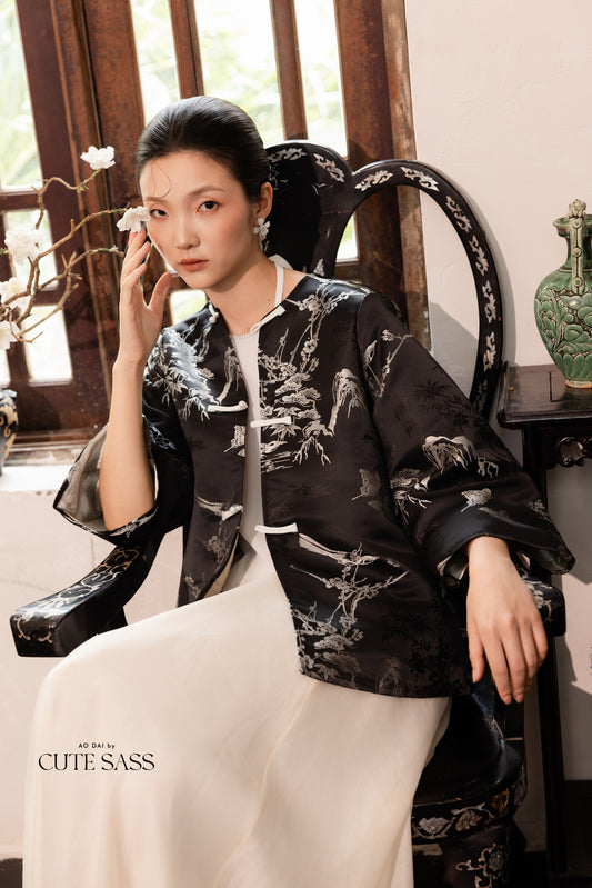 Khảm - Gender Fluid Black Silver Wide Sleeve Coat Top Only, No Pants