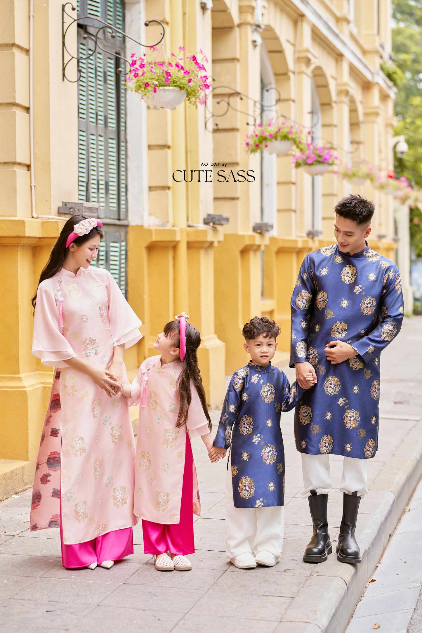 Gia Hòa - Family Pink/Blue Gold Gam Matching Ao Dai Set