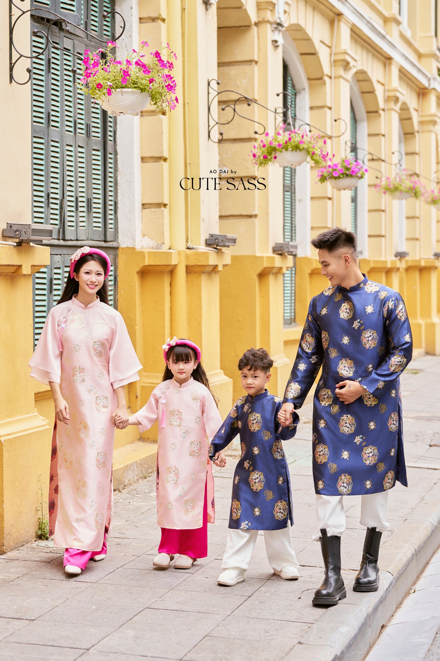 Gia Hòa - Family Pink/Blue Gold Gam Matching Ao Dai Set