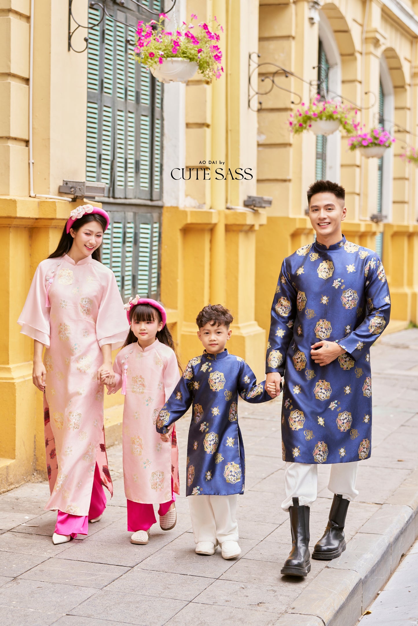 Gia Hòa - Family Pink/Blue Gold Gam Matching Ao Dai Set