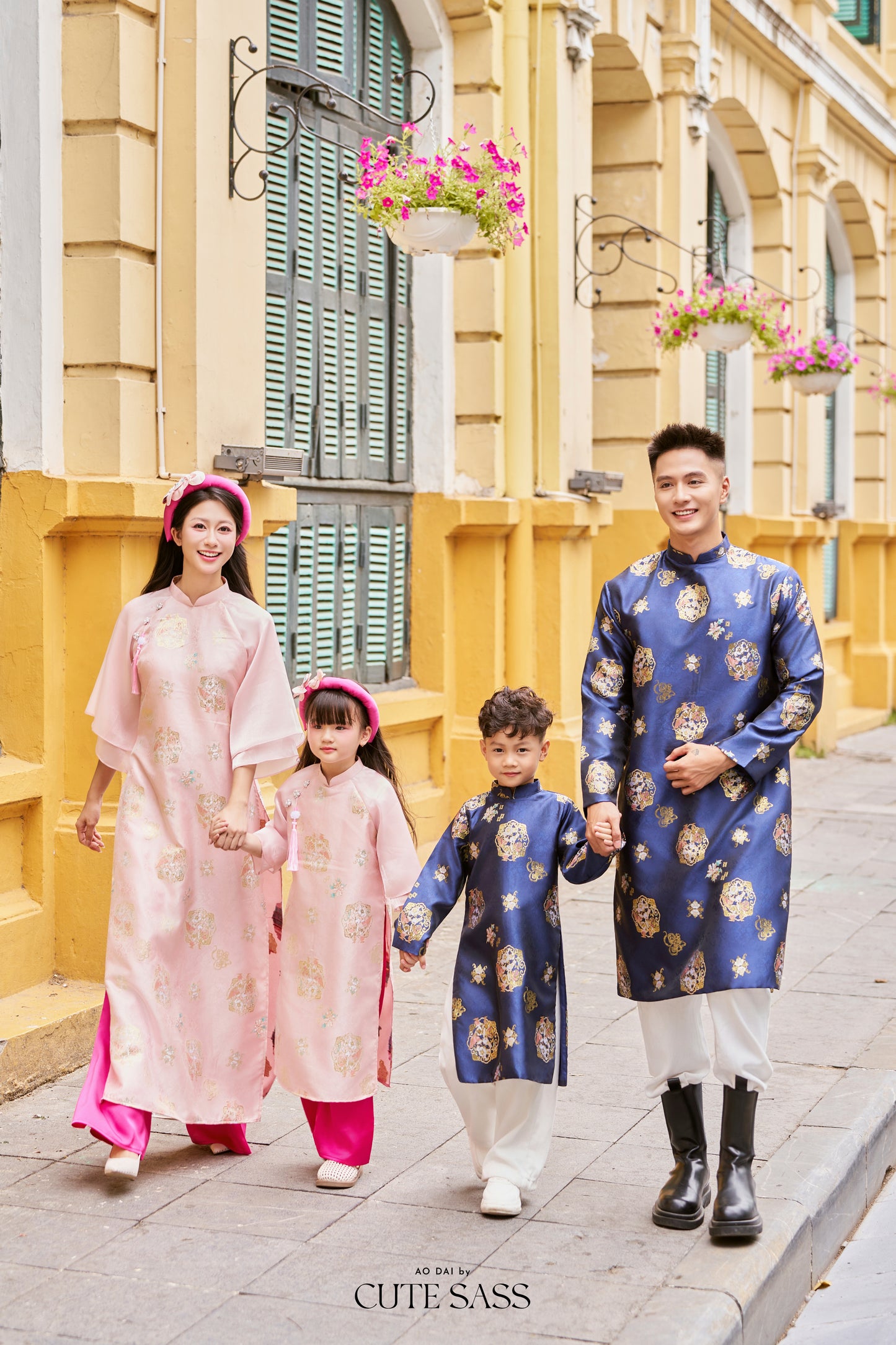 Gia Hòa - Family Pink/Blue Gold Gam Matching Ao Dai Set