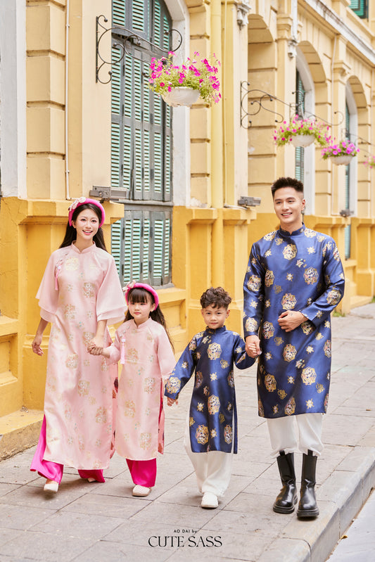 Gia Hòa - Family Pink/Blue Gold Gam Matching Ao Dai Set
