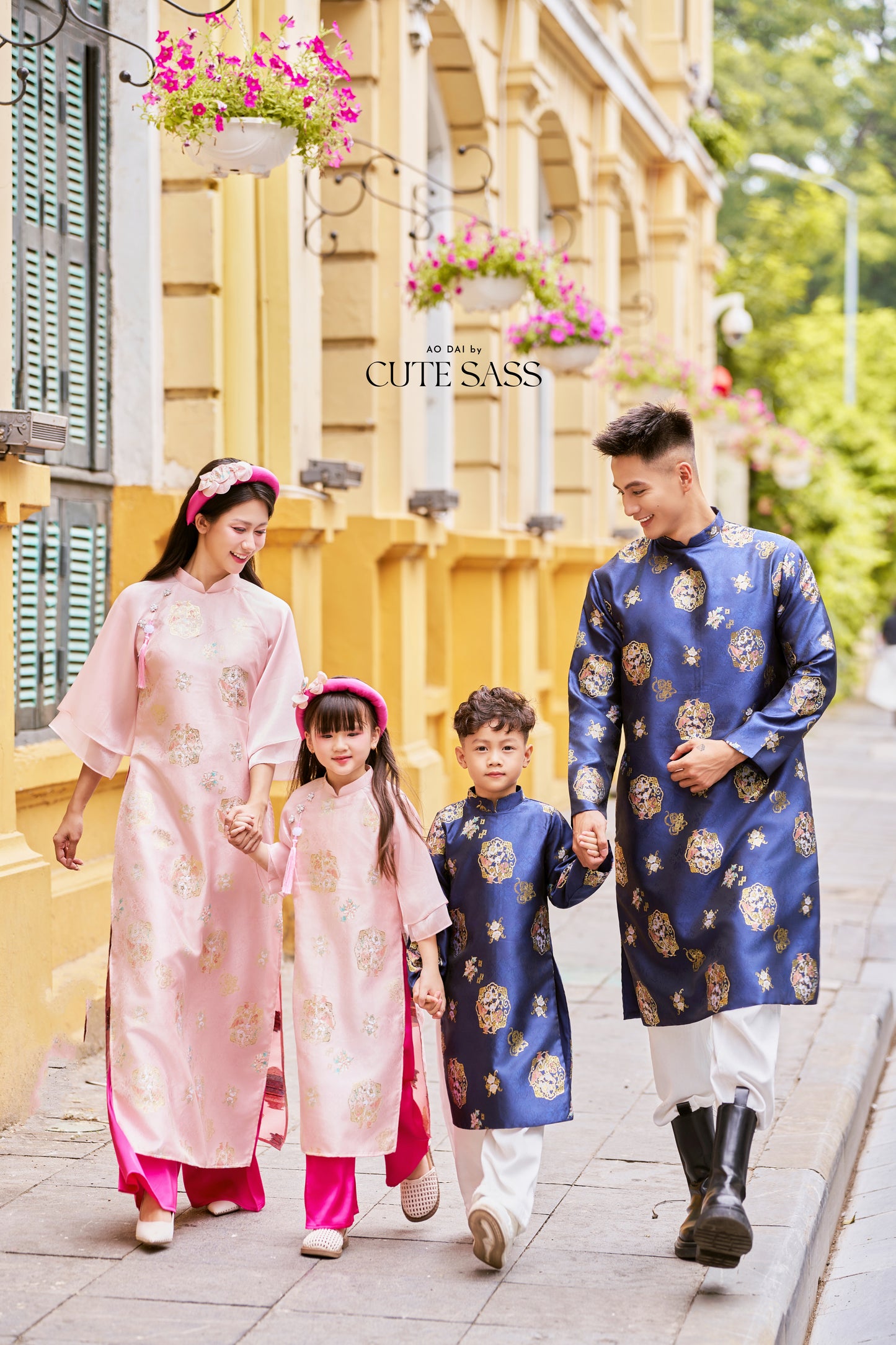 Gia Hòa - Family Pink/Blue Gold Gam Matching Ao Dai Set
