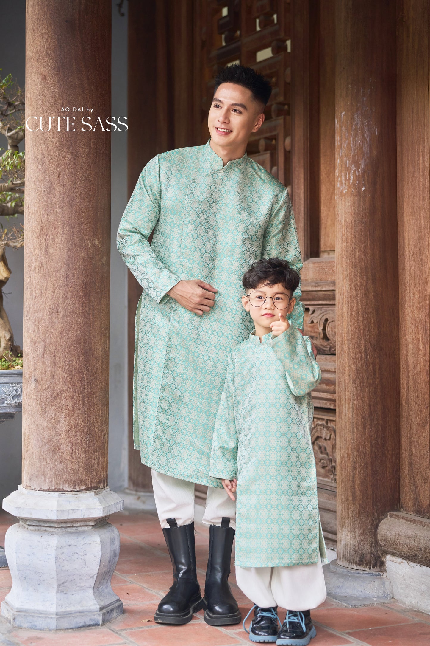 Men and Boy Mint Green Gam Square Ao Dai Top 63E