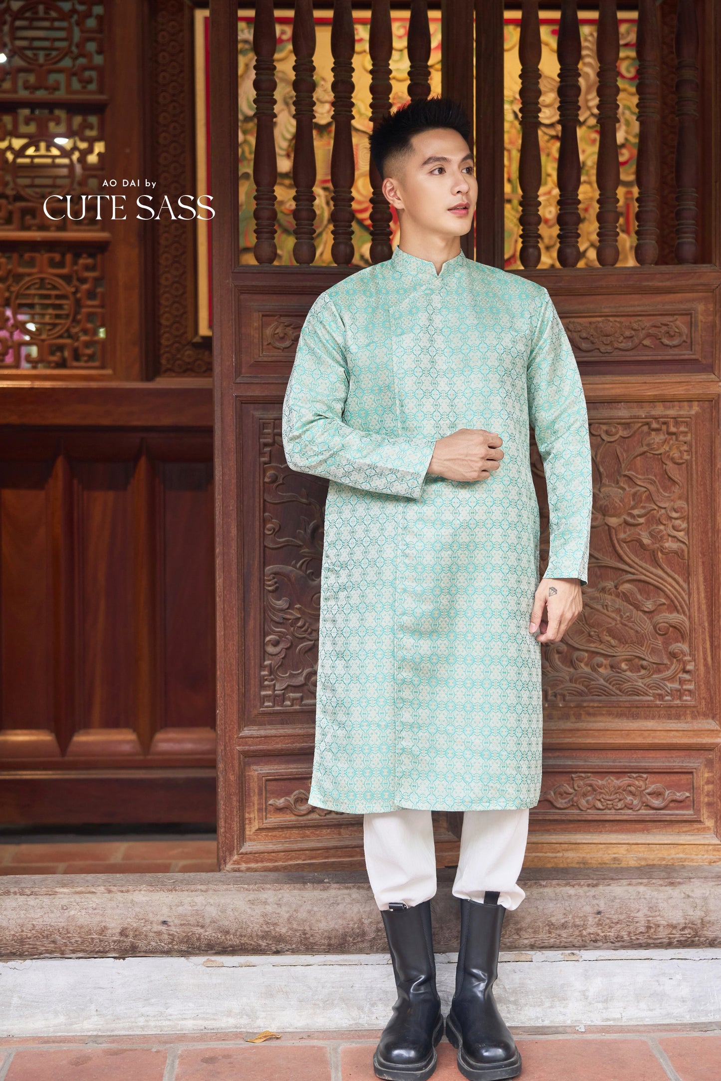 Men and Boy Mint Green Gam Square Ao Dai Top 63E