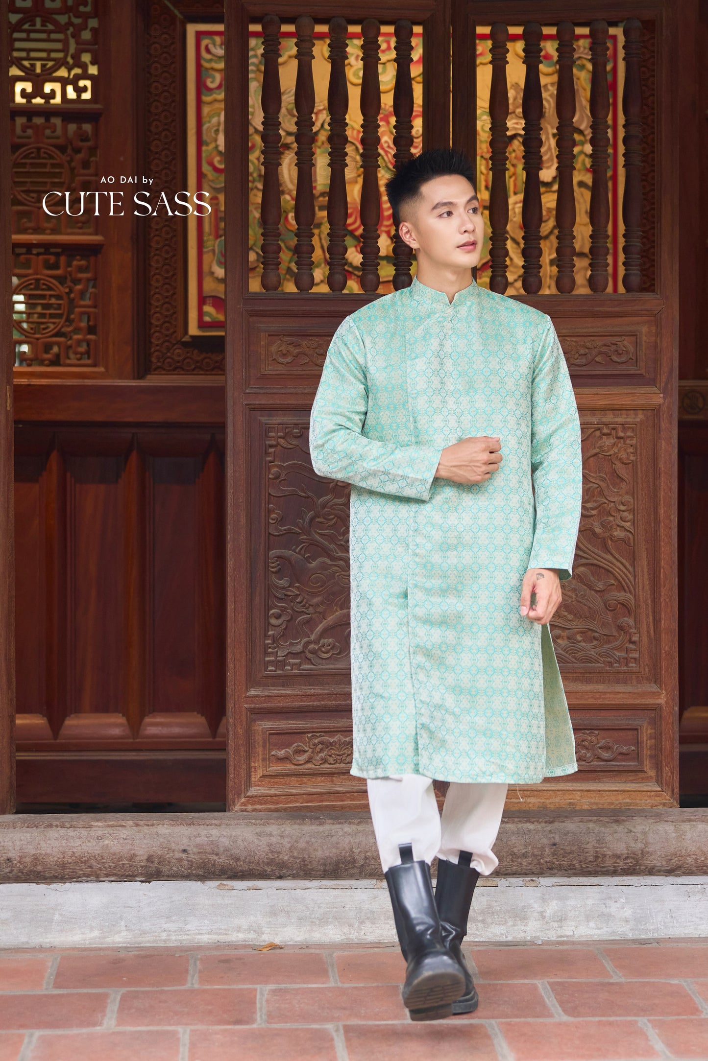 Men and Boy Mint Green Gam Square Ao Dai Top 63E