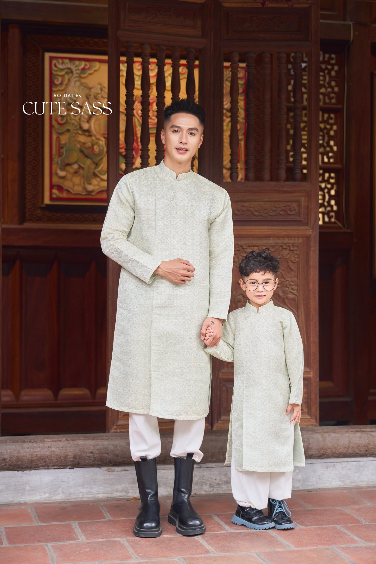 Men and Boy Cream Gam Square Ao Dai Top 58D