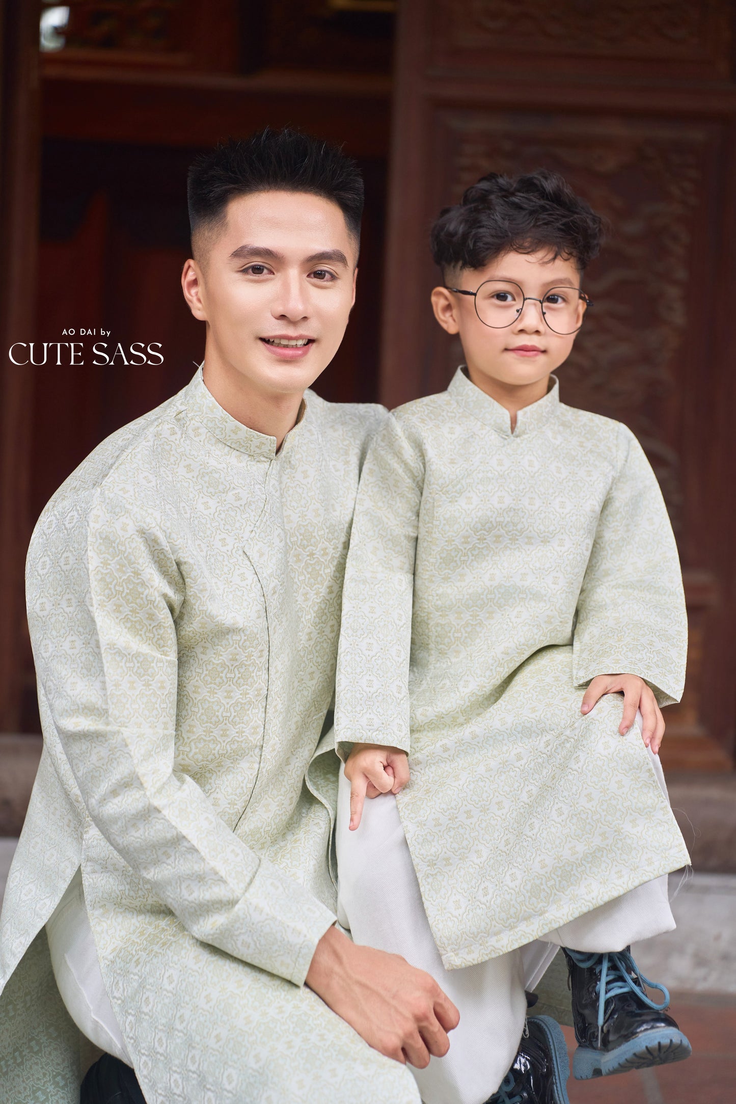 Men and Boy Cream Gam Square Ao Dai Top 58D