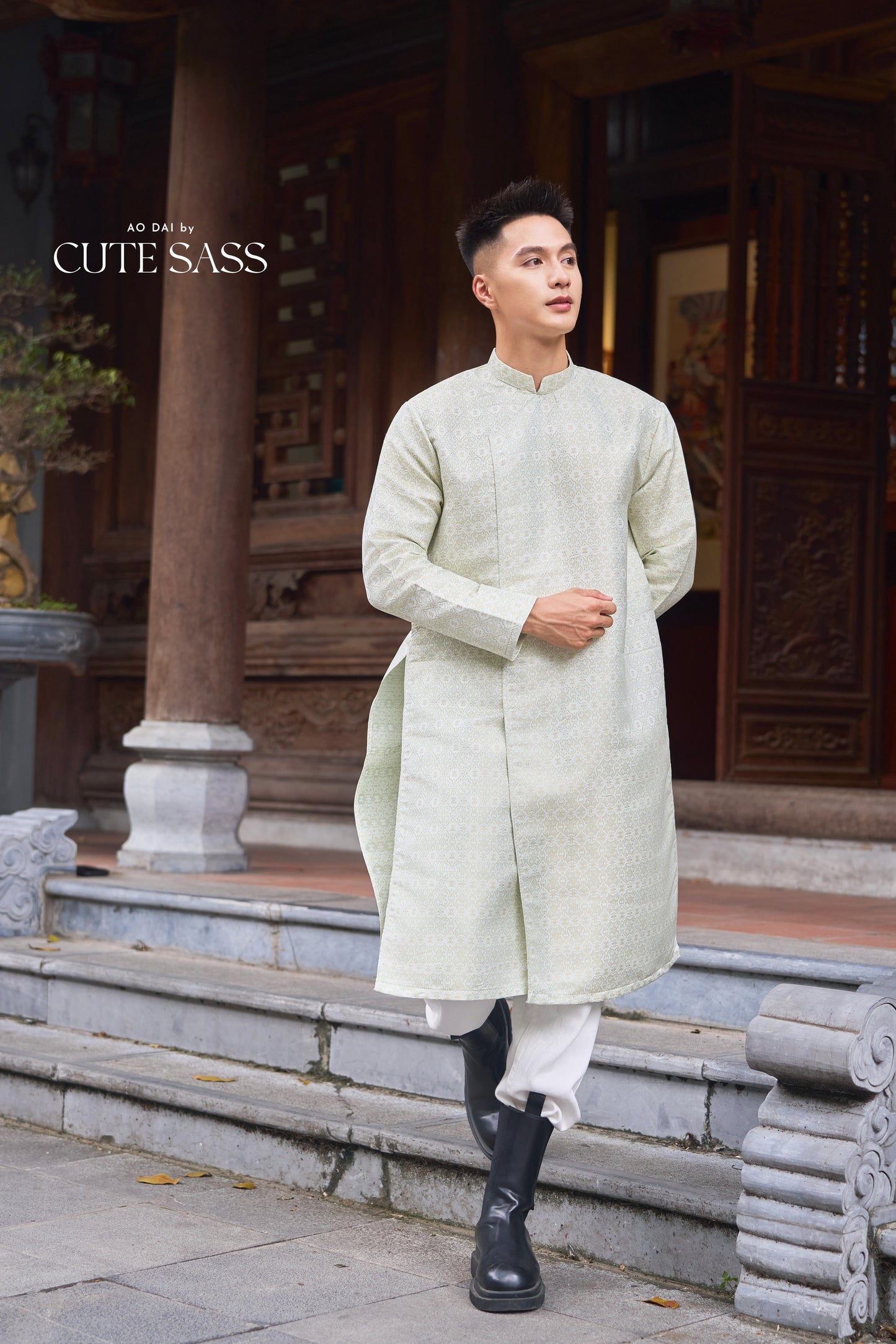 Men and Boy Cream Gam Square Ao Dai Top 58D