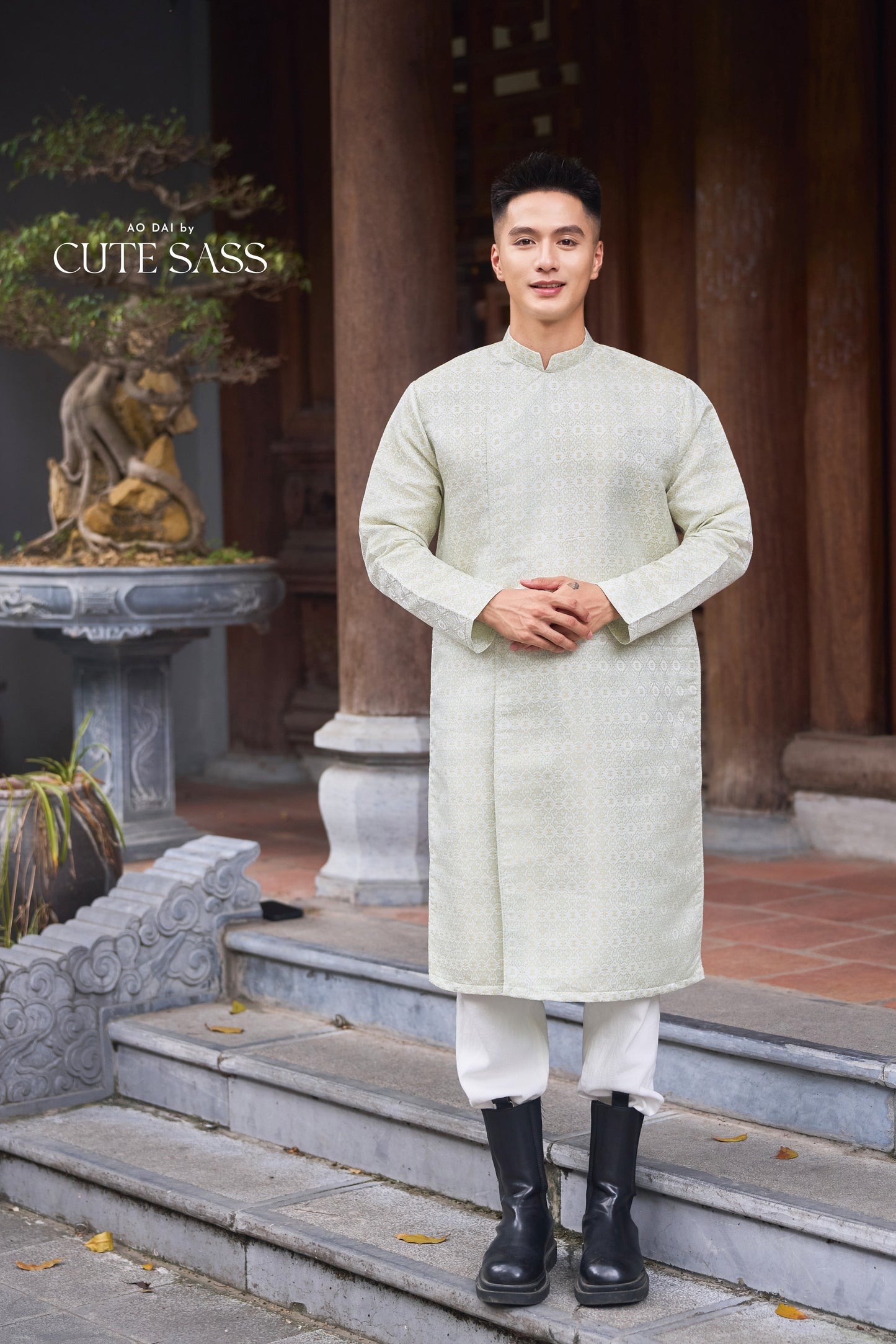 Men and Boy Cream Gam Square Ao Dai Top 58D