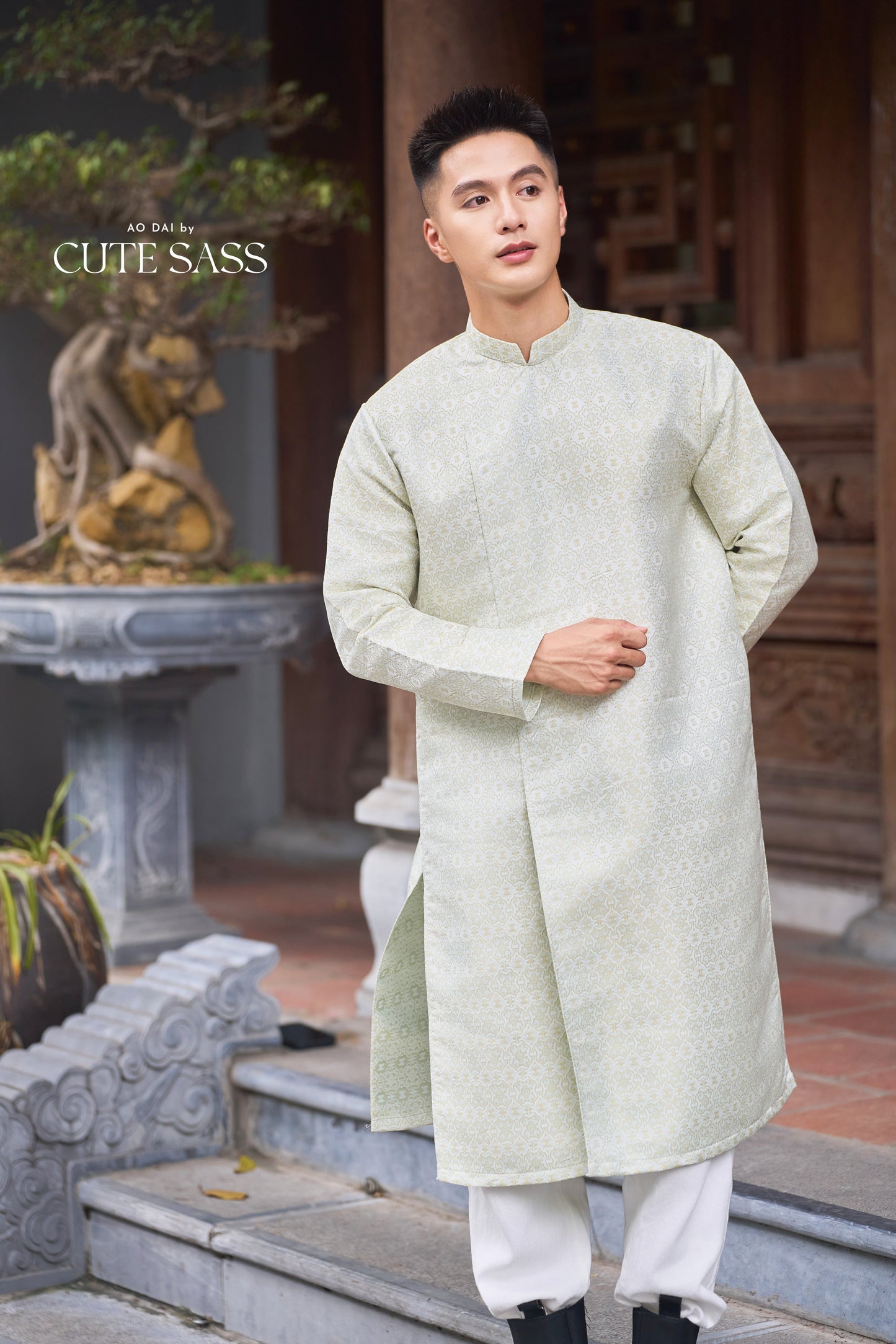 Men and Boy Cream Gam Square Ao Dai Top 58D