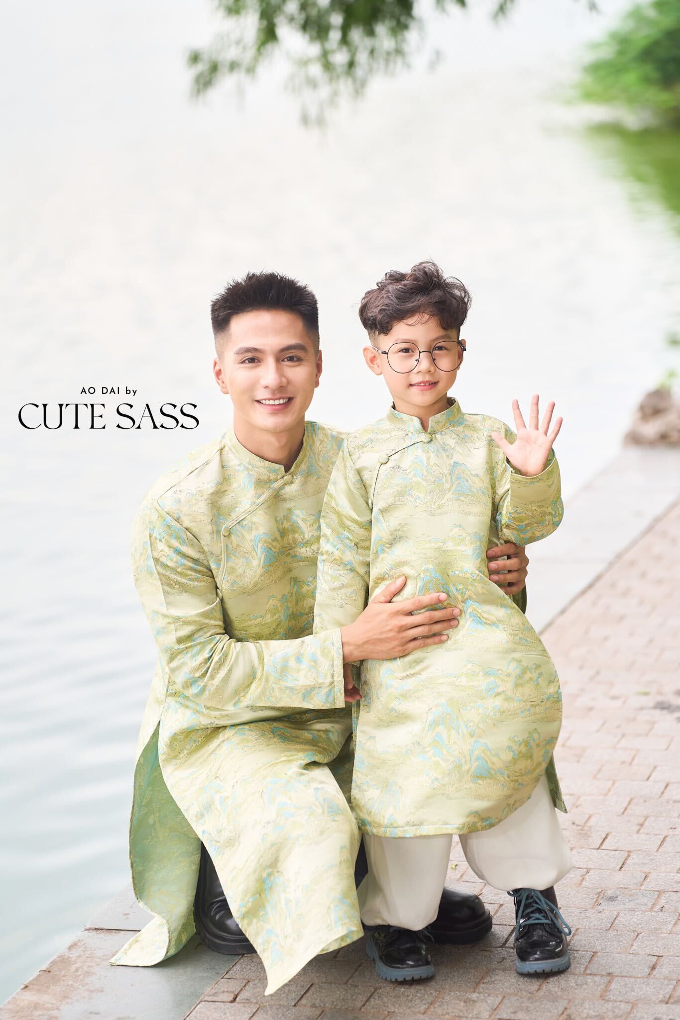 Men and Boy Light Green Mountain Matching Ao Dai 19D