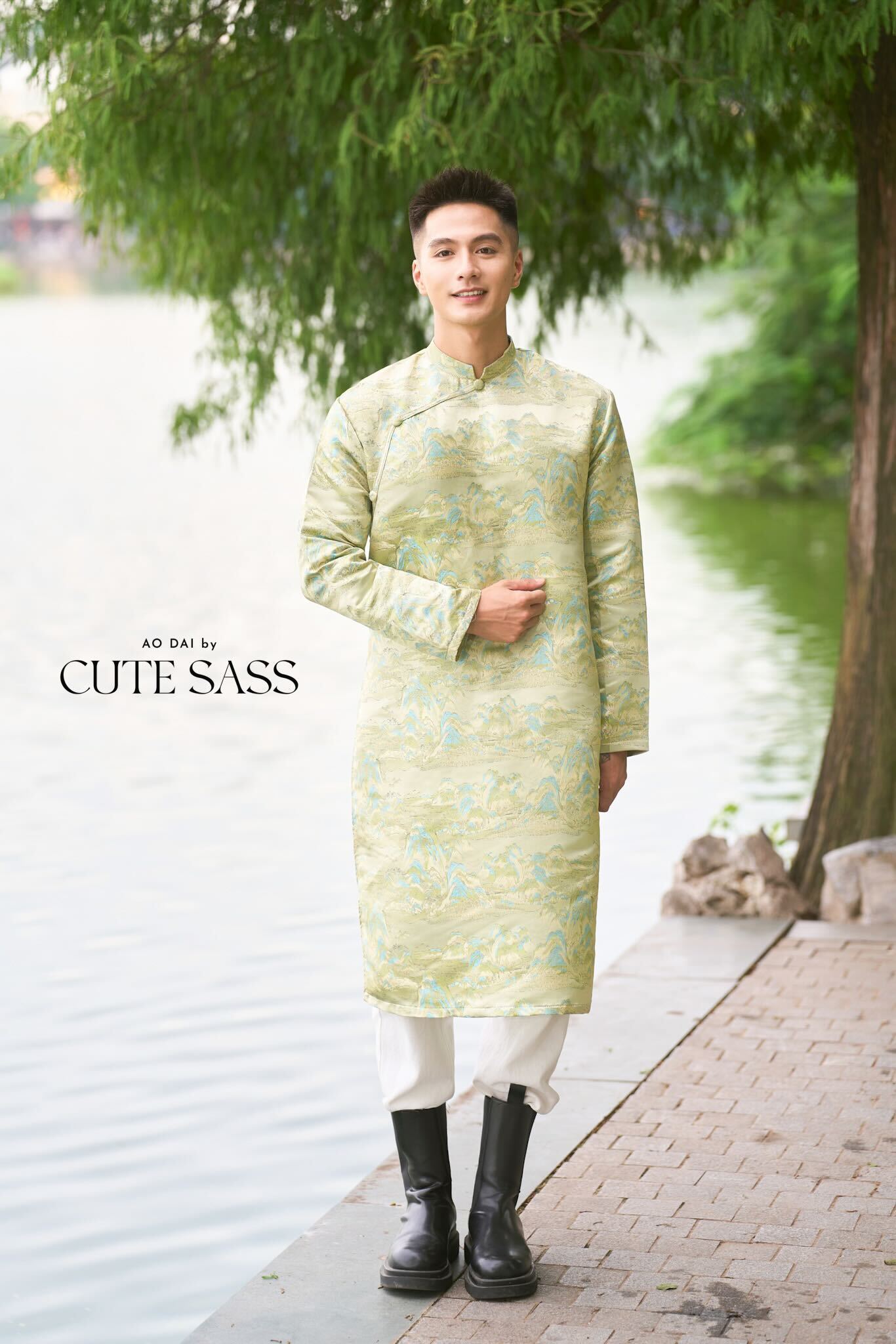 Men and Boy Light Green Mountain Matching Ao Dai 19D