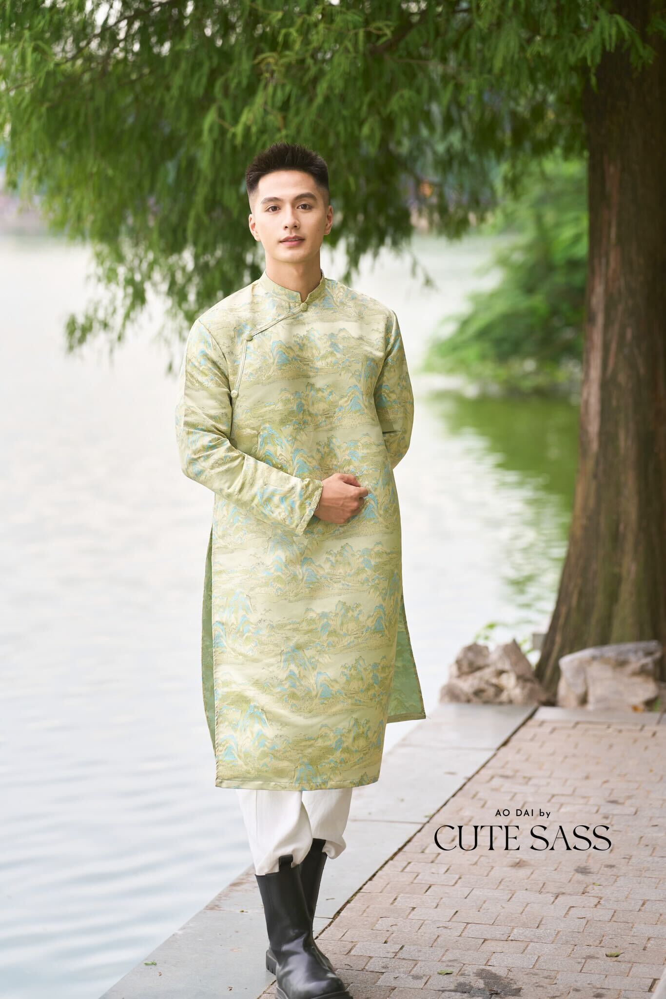 Men and Boy Light Green Mountain Matching Ao Dai 19D