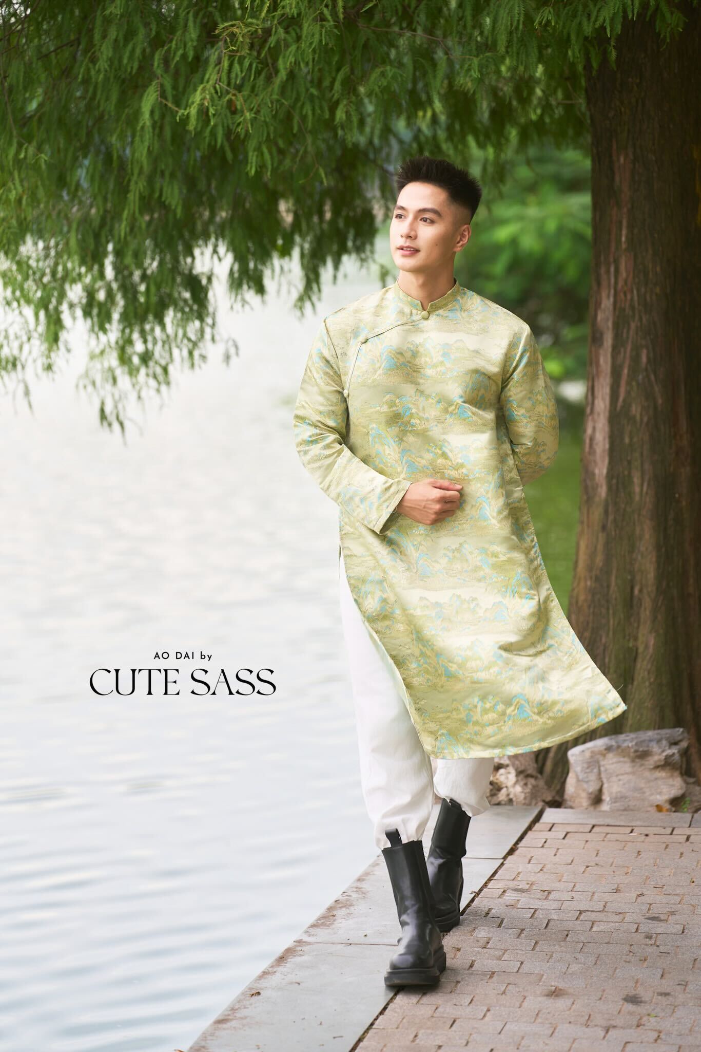 Men and Boy Light Green Mountain Matching Ao Dai 19D