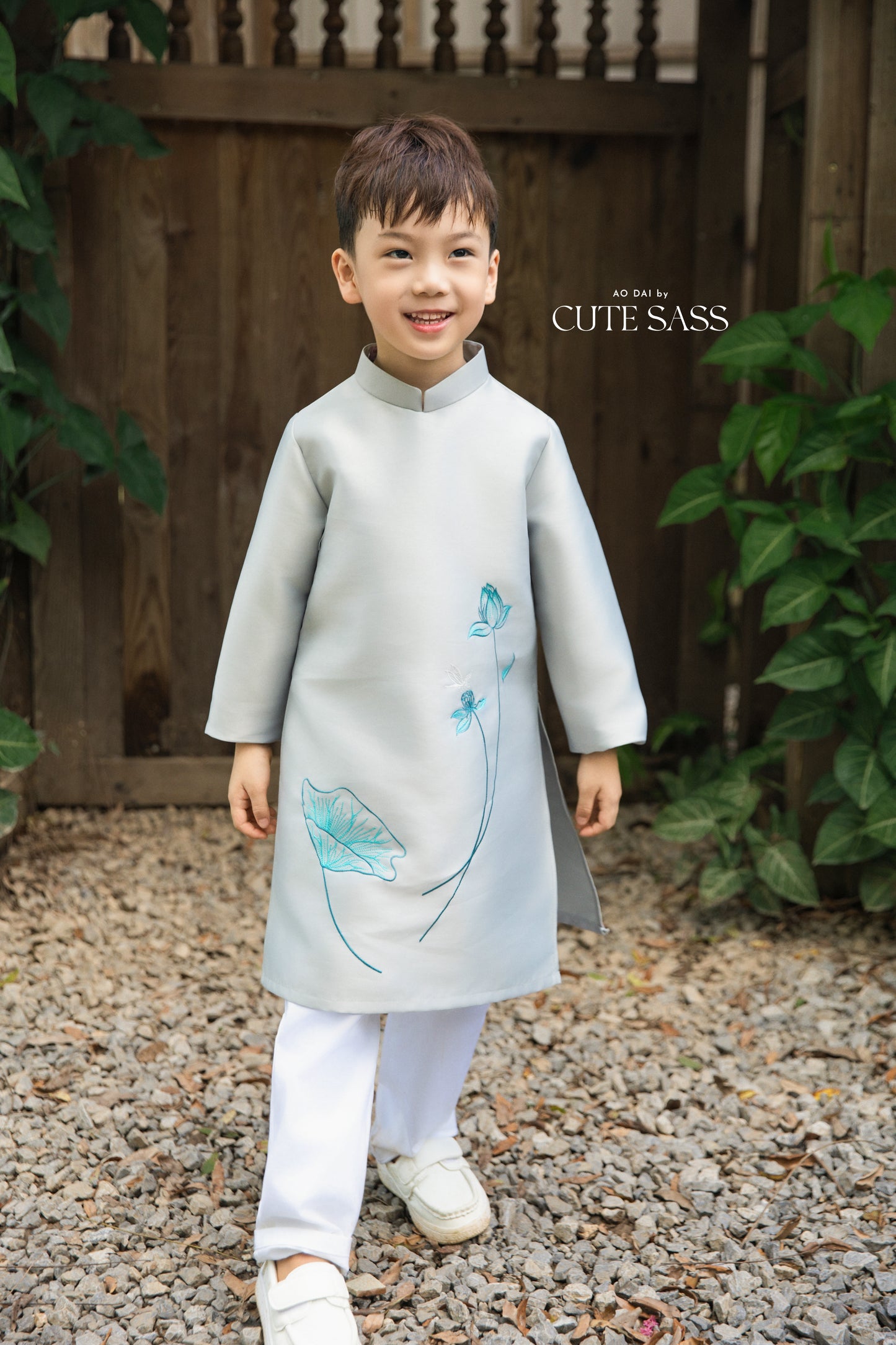 Gia Hòa - Family Gray/White Embroidery Lotus Ao Dai Set