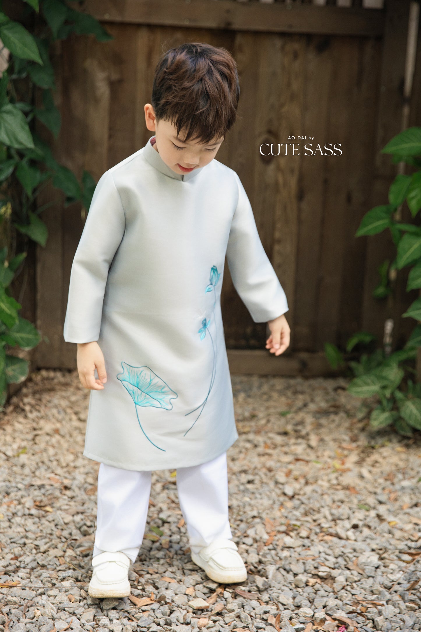 Gia Hòa - Family Gray/White Embroidery Lotus Ao Dai Set