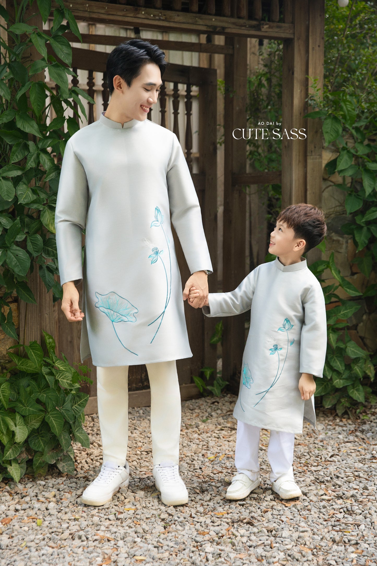 Gia Hòa - Family Gray/White Embroidery Lotus Ao Dai Set