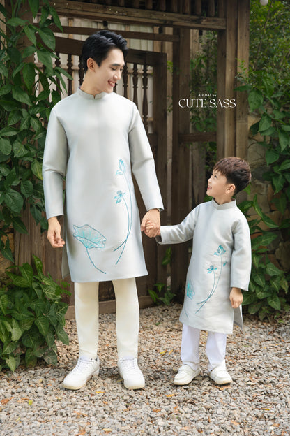 Gia Hòa - Family Gray/White Embroidery Lotus Ao Dai Set 15A