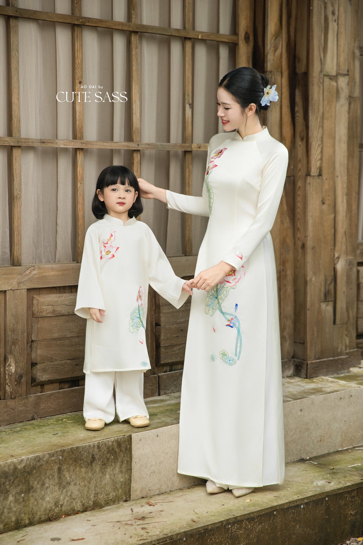 Gia Hòa - Family Gray/White Embroidery Lotus Ao Dai Set