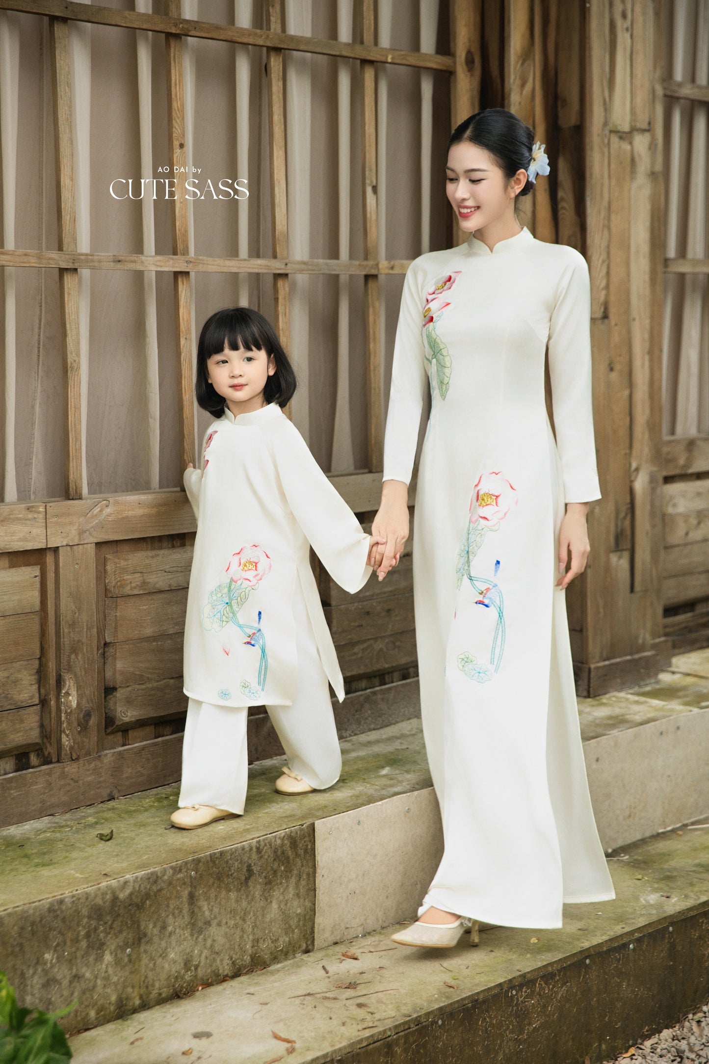 Gia Hòa - Family Gray/White Embroidery Lotus Ao Dai Set