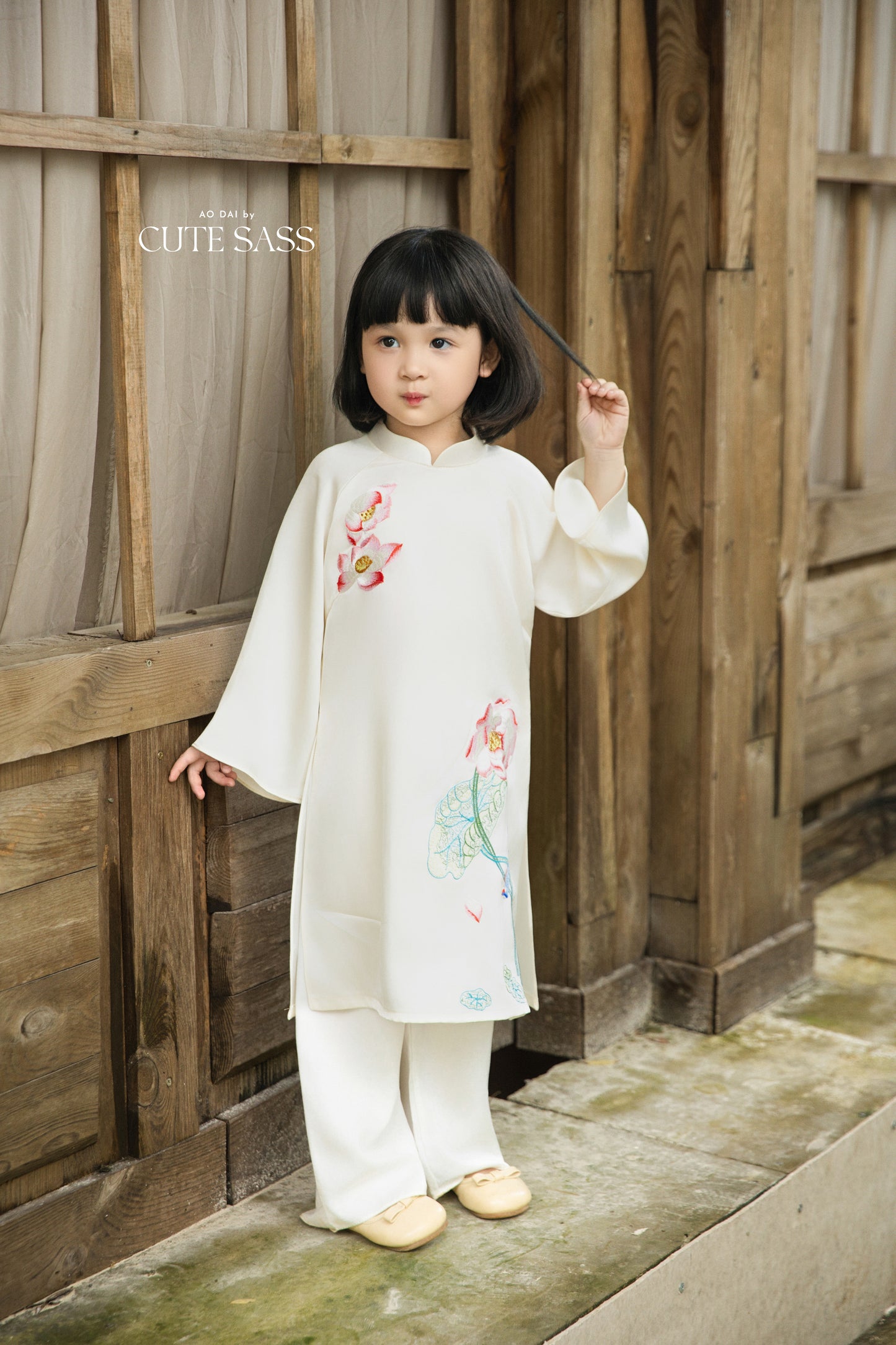 Gia Hòa - Family Gray/White Embroidery Lotus Ao Dai Set