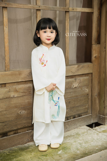 Gia Hòa - Family Gray/White Embroidery Lotus Ao Dai Set 15A