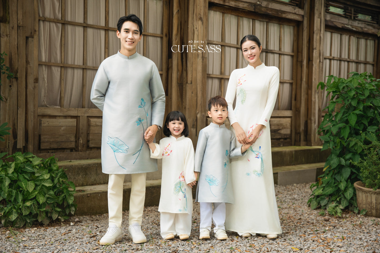 Gia Hòa - Family Gray/White Embroidery Lotus Ao Dai Set