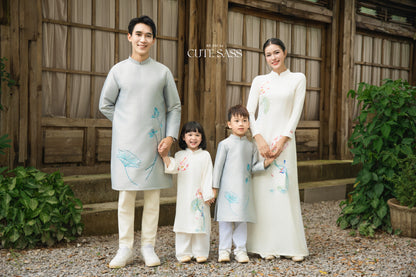 Gia Hòa - Family Gray/White Embroidery Lotus Ao Dai Set 15A