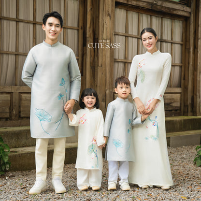 Gia Hòa - Family Gray/White Embroidery Lotus Ao Dai Set 15A