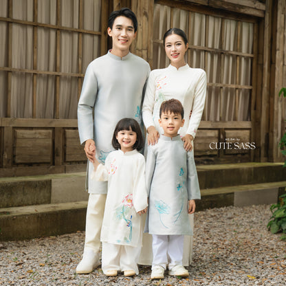 Gia Hòa - Family Gray/White Embroidery Lotus Ao Dai Set 15A