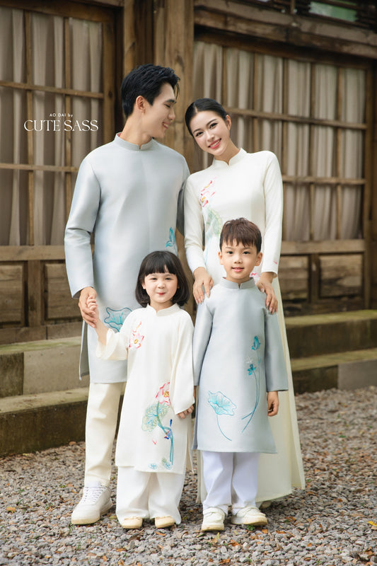Gia Hòa - Family Gray/White Embroidery Lotus Ao Dai Set