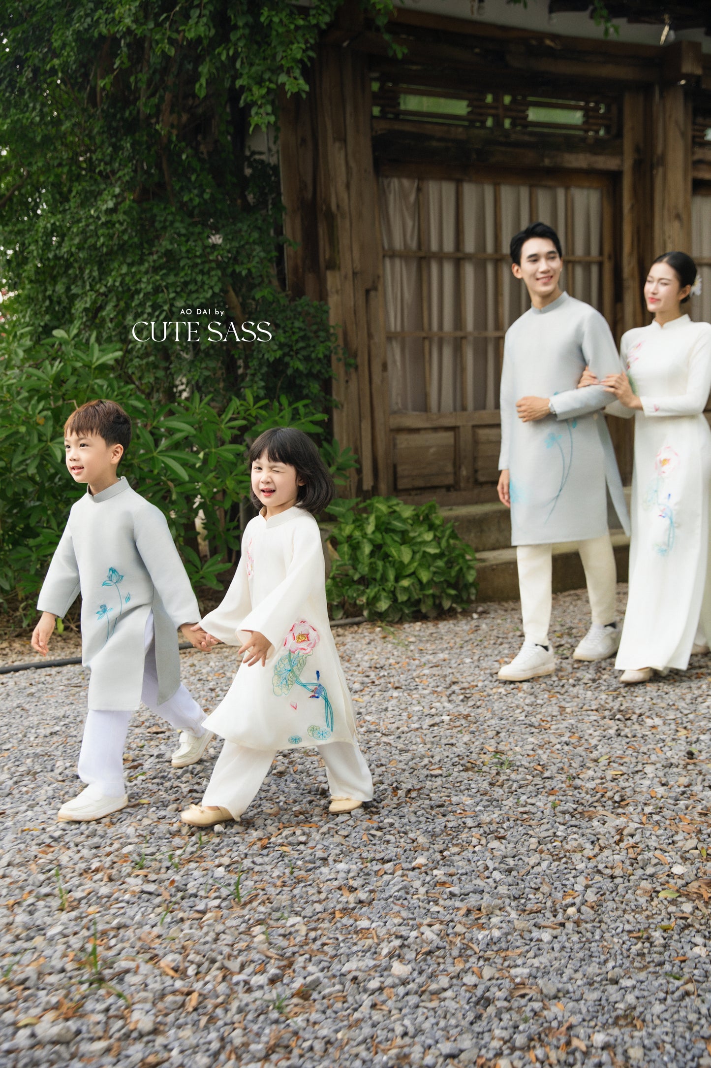 Gia Hòa - Family Gray/White Embroidery Lotus Ao Dai Set