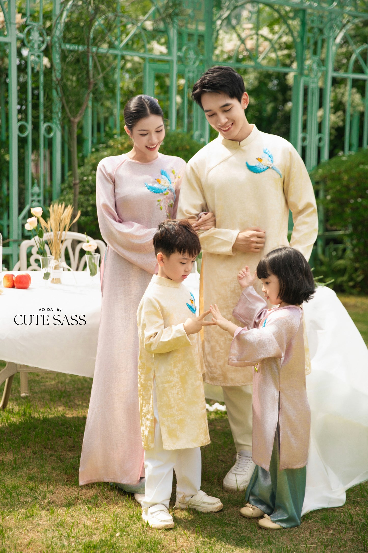 Gia Hòa - Family Pink/Cream Ribbon Phoenix Ao Dai Set