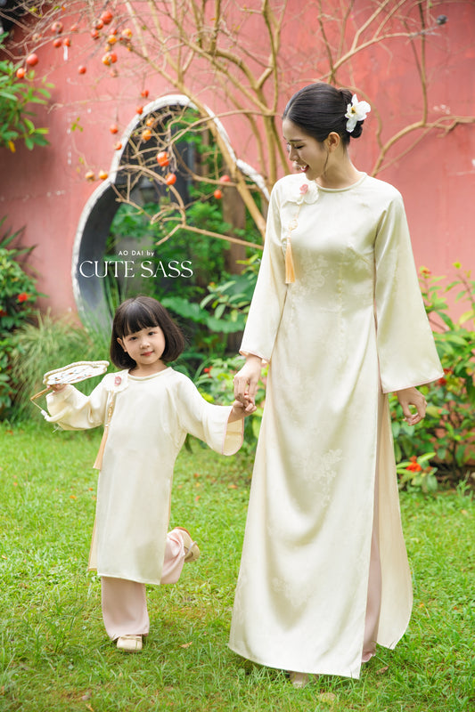 Gia Hòa - Mom and Daughter Cream with Hibiscus Flower Pin Ao Dai Set