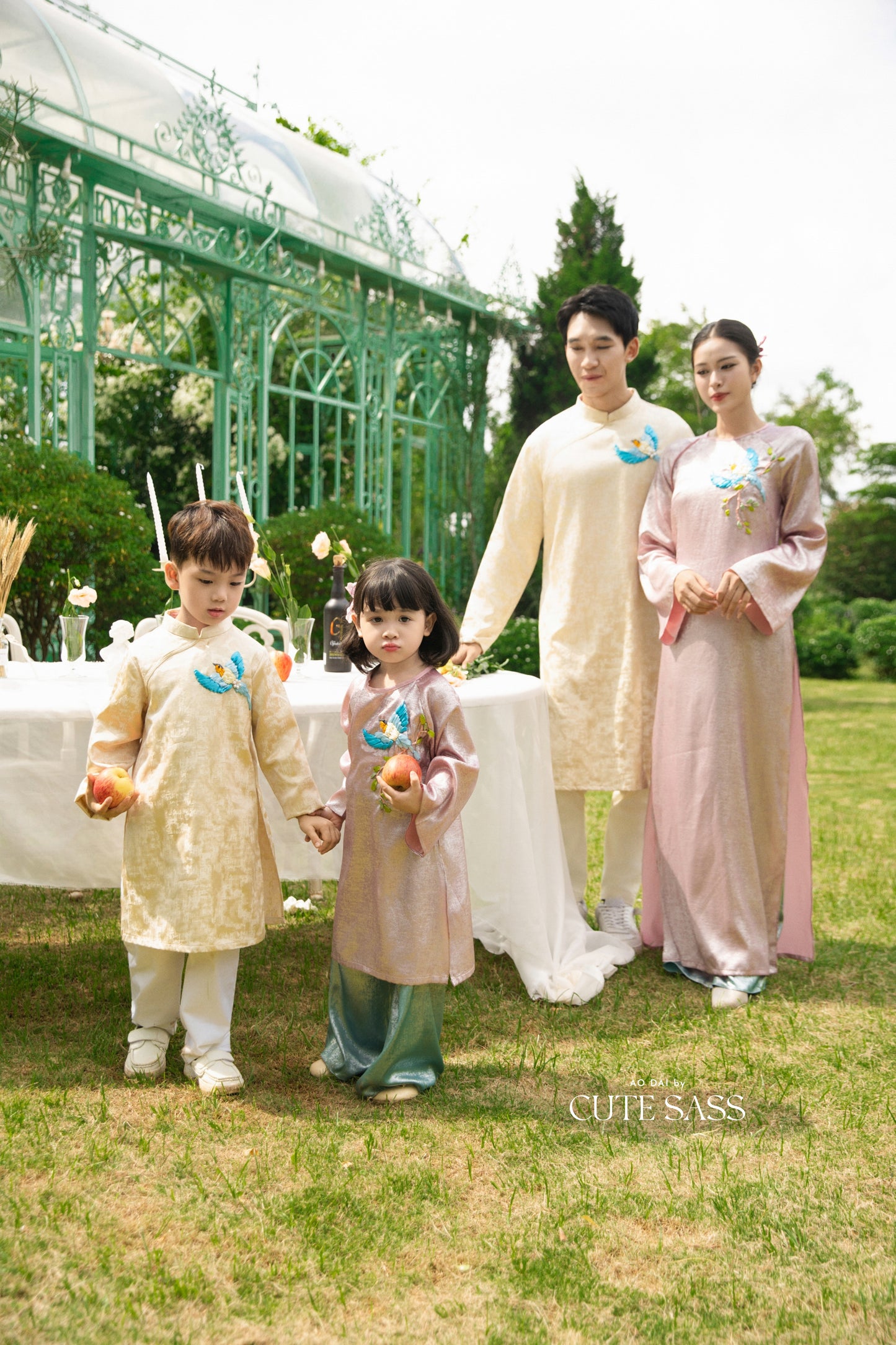 Gia Hòa - Family Pink/Cream Ribbon Phoenix Ao Dai Set