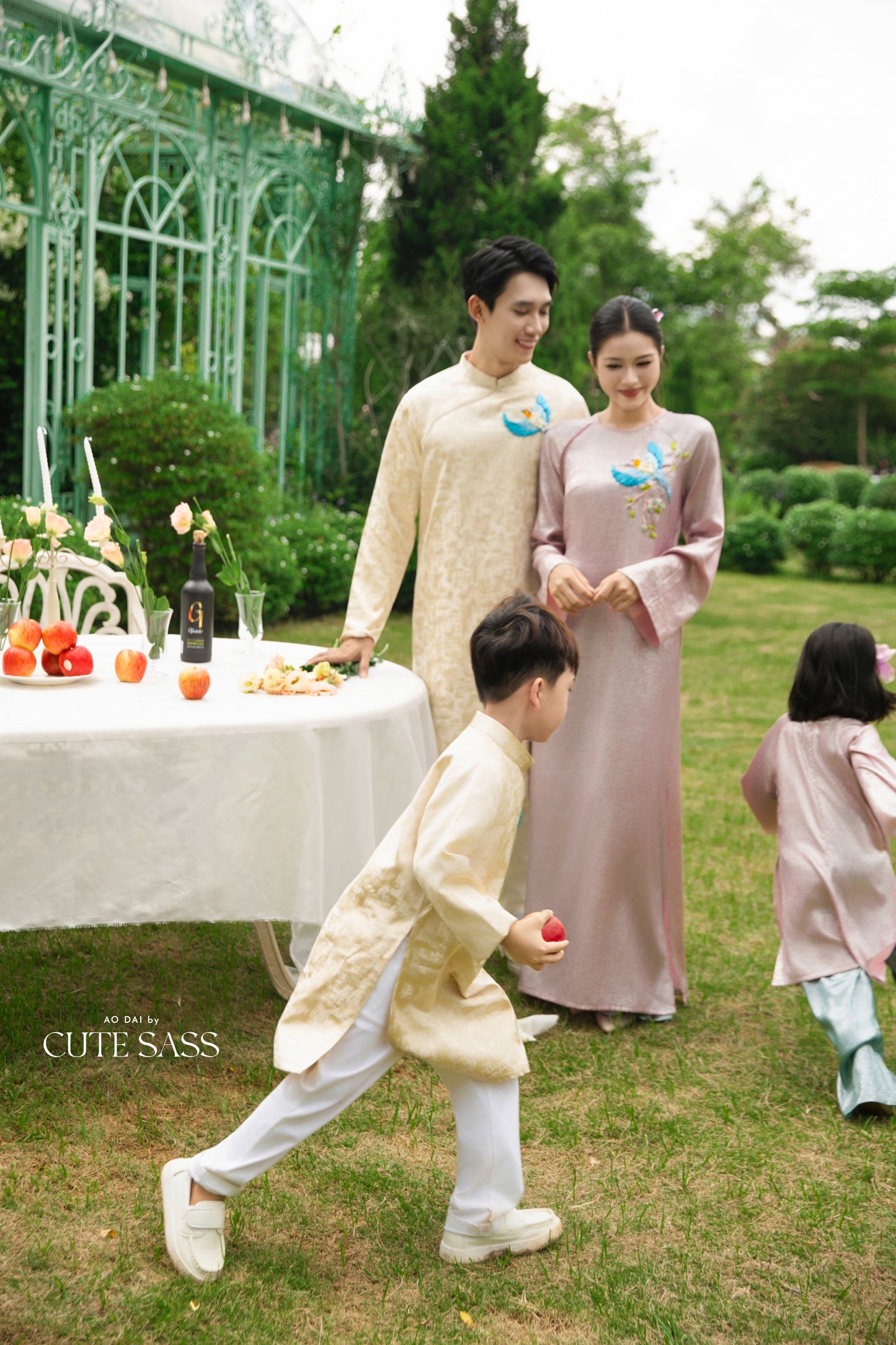 Gia Hòa - Family Pink/Cream Ribbon Phoenix Ao Dai Set