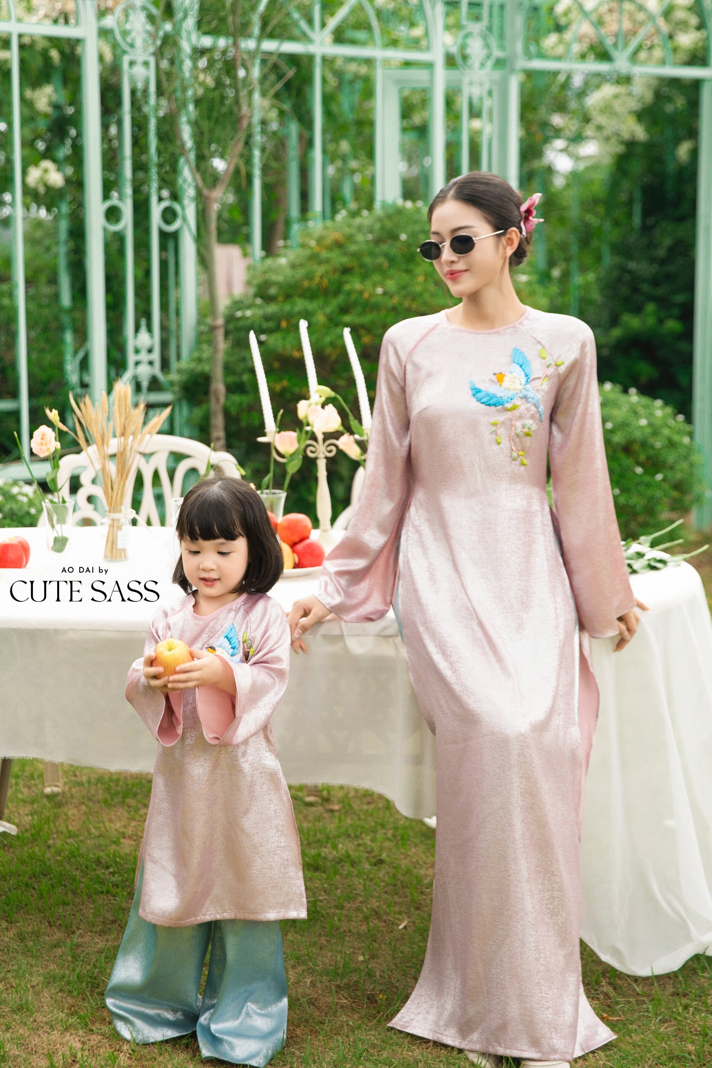 Gia Hòa - Family Pink/Cream Ribbon Phoenix Ao Dai Set