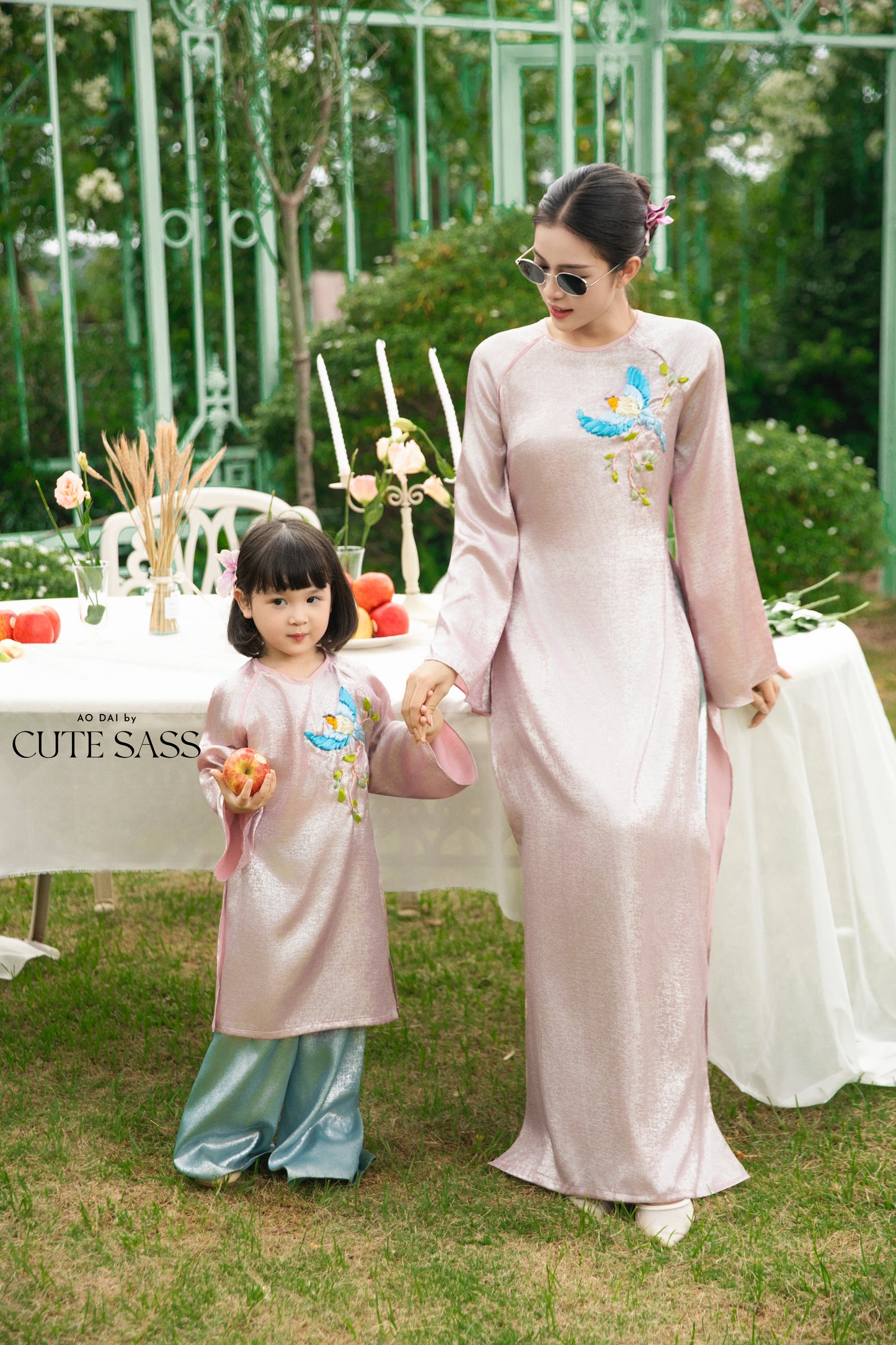 Gia Hòa - Family Pink/Cream Ribbon Phoenix Ao Dai Set