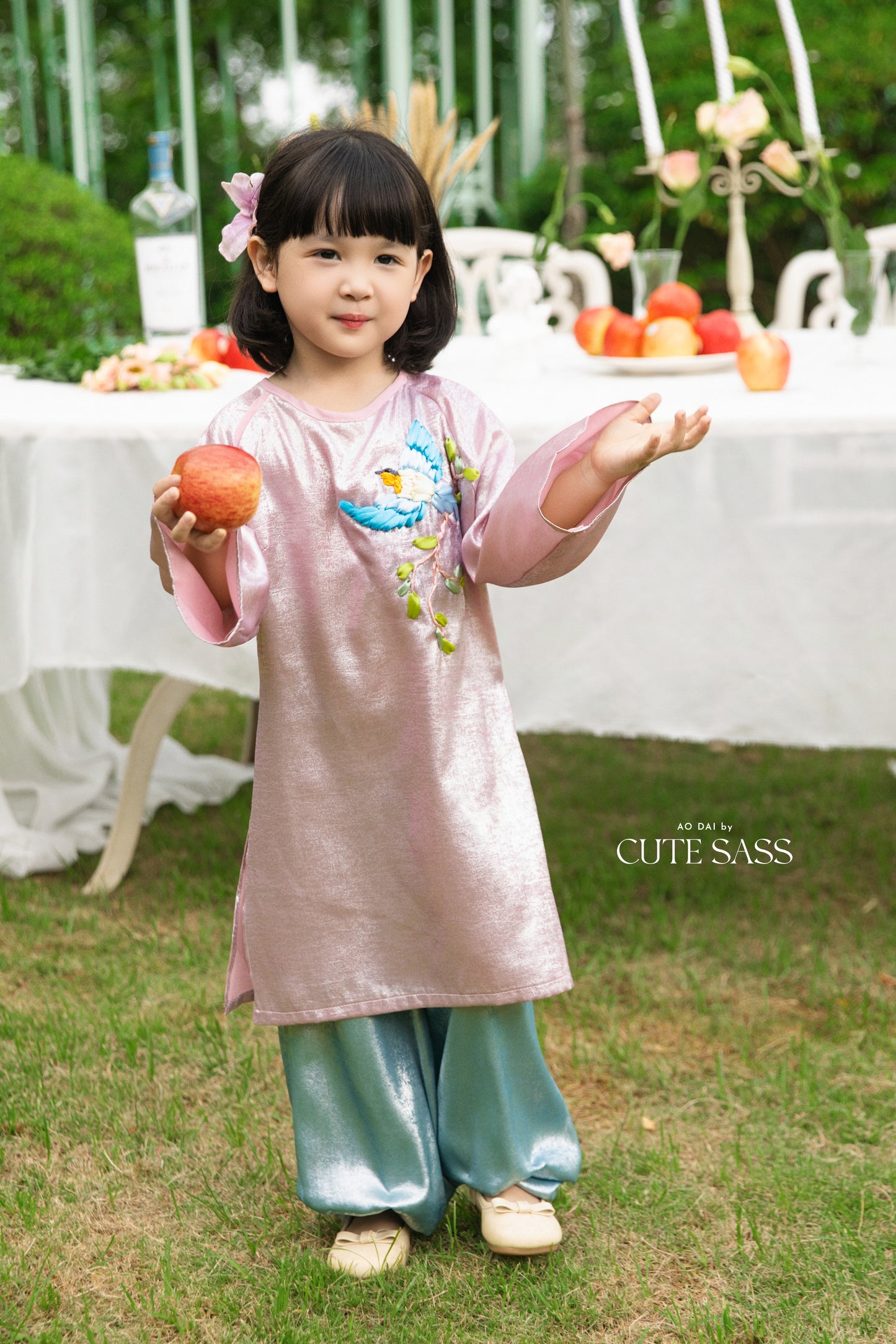 Gia Hòa - Family Pink/Cream Ribbon Phoenix Ao Dai Set