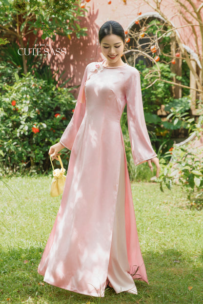 Gia Hòa - Mom and Daughter Pink with Hibiscus Flower Pin Ao Dai Set 22C