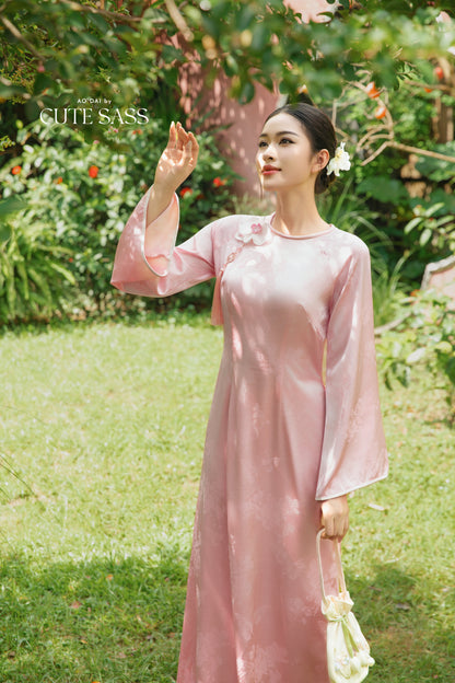 Gia Hòa - Mom and Daughter Pink with Hibiscus Flower Pin Ao Dai Set 22C
