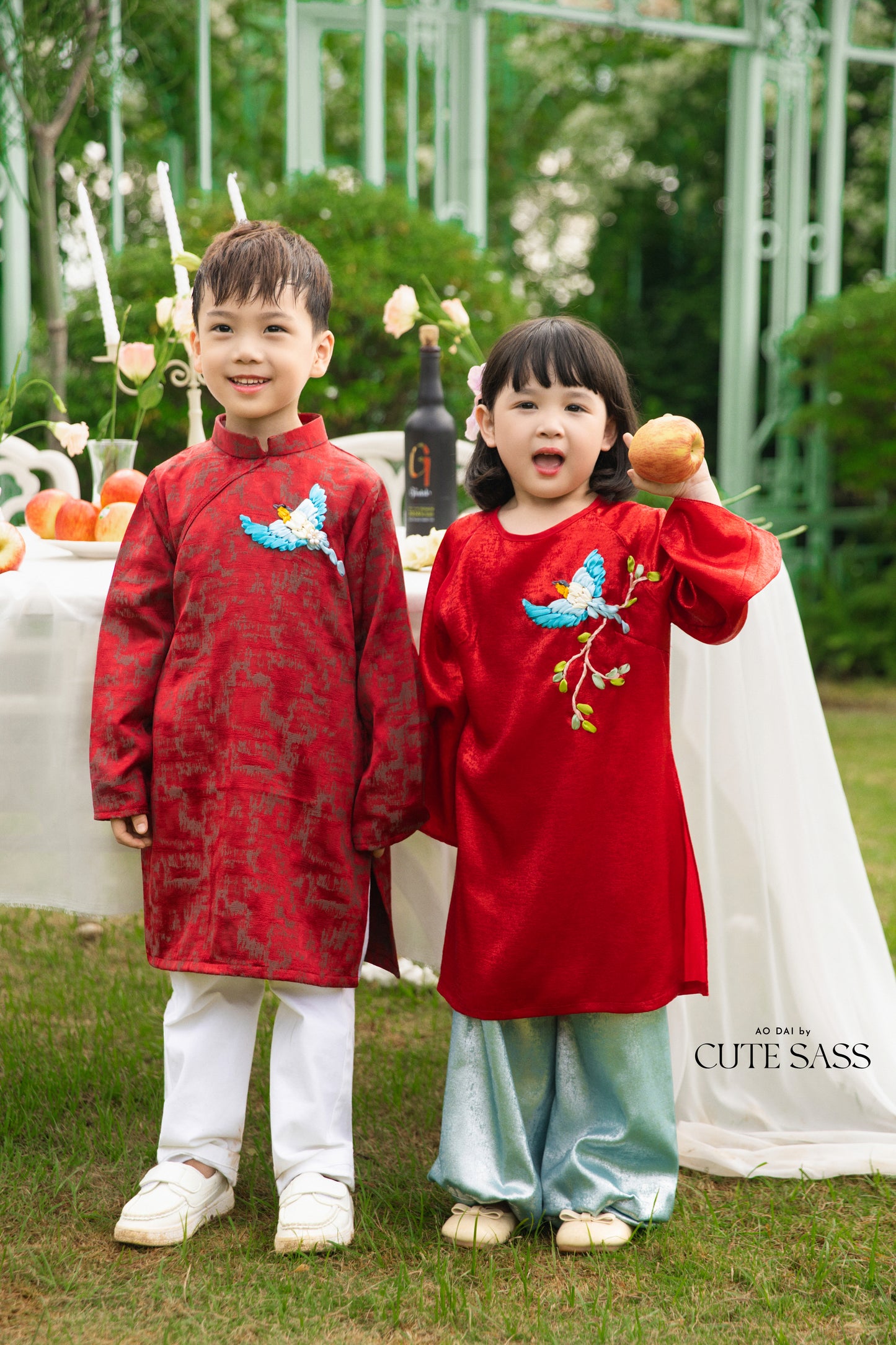 Gia Hòa - Family Red Ribbon Phoenix Ao Dai Set