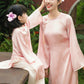 Gia Hòa - Mom and Daughter Pink with Hibiscus Flower Pin Ao Dai Set