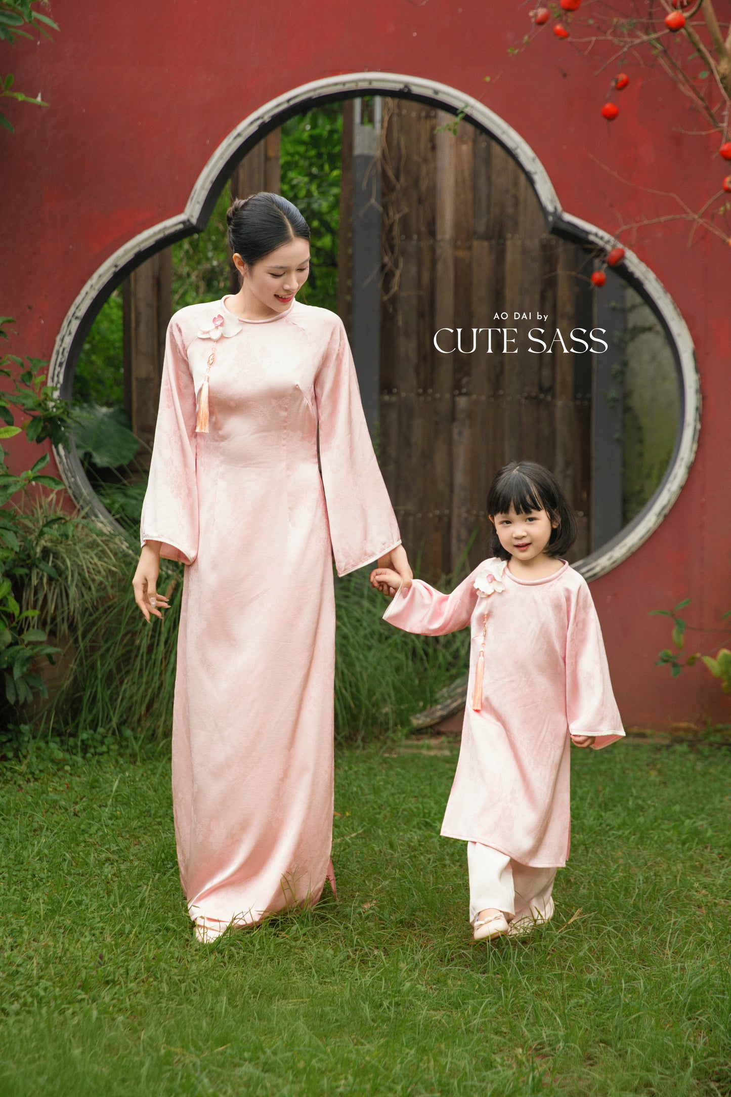Gia Hòa - Mom and Daughter Pink with Hibiscus Flower Pin Ao Dai Set